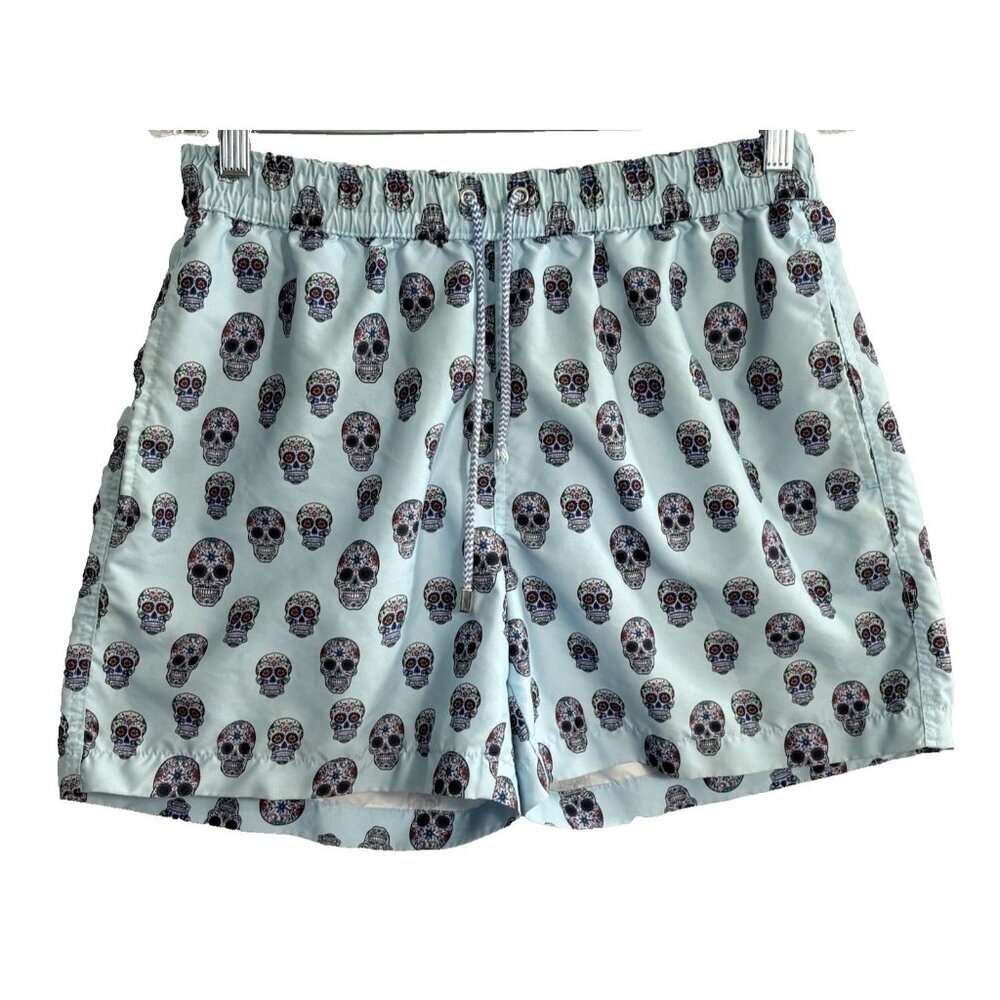 LUCHIANO VISCONTI Men Boardshorts Skulls Elastic Waist Drawstring Sz M Blue 48-4